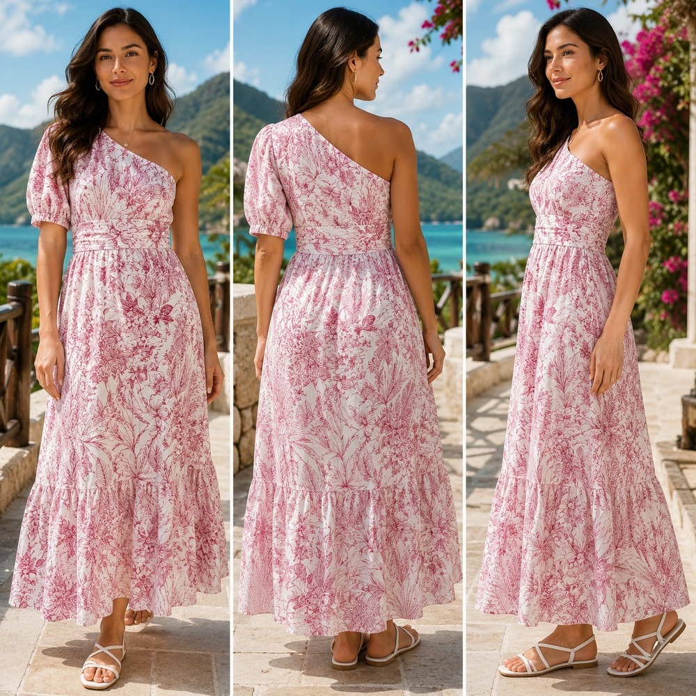 Express One Shoulder Maxi Dress Womens XL White Pink Tropical Floral Puff Sleeve
